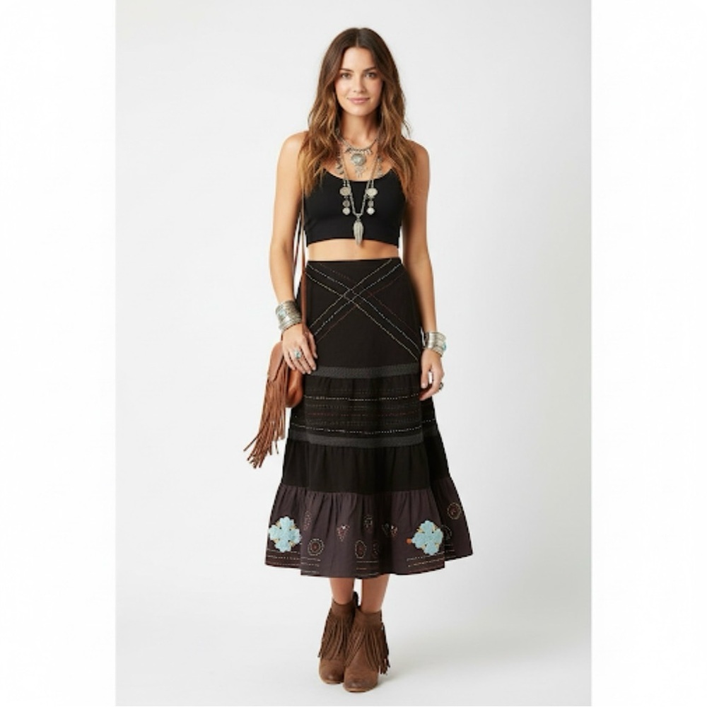 Anthropologie Black Tiered Midi Skirt with Teal Floral Accents